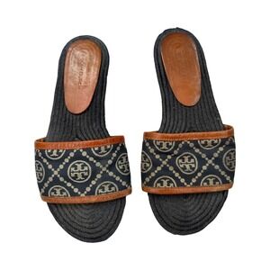Tory Burch T Monogram‎ Espadrille Slides Size 6 Logo Sandals Navy Tan